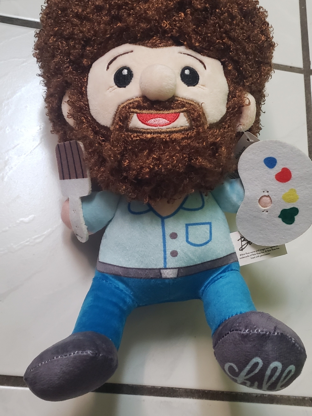 Brand new rare Artist "Bob Ross"  plush doll in blue outfit with paint palette